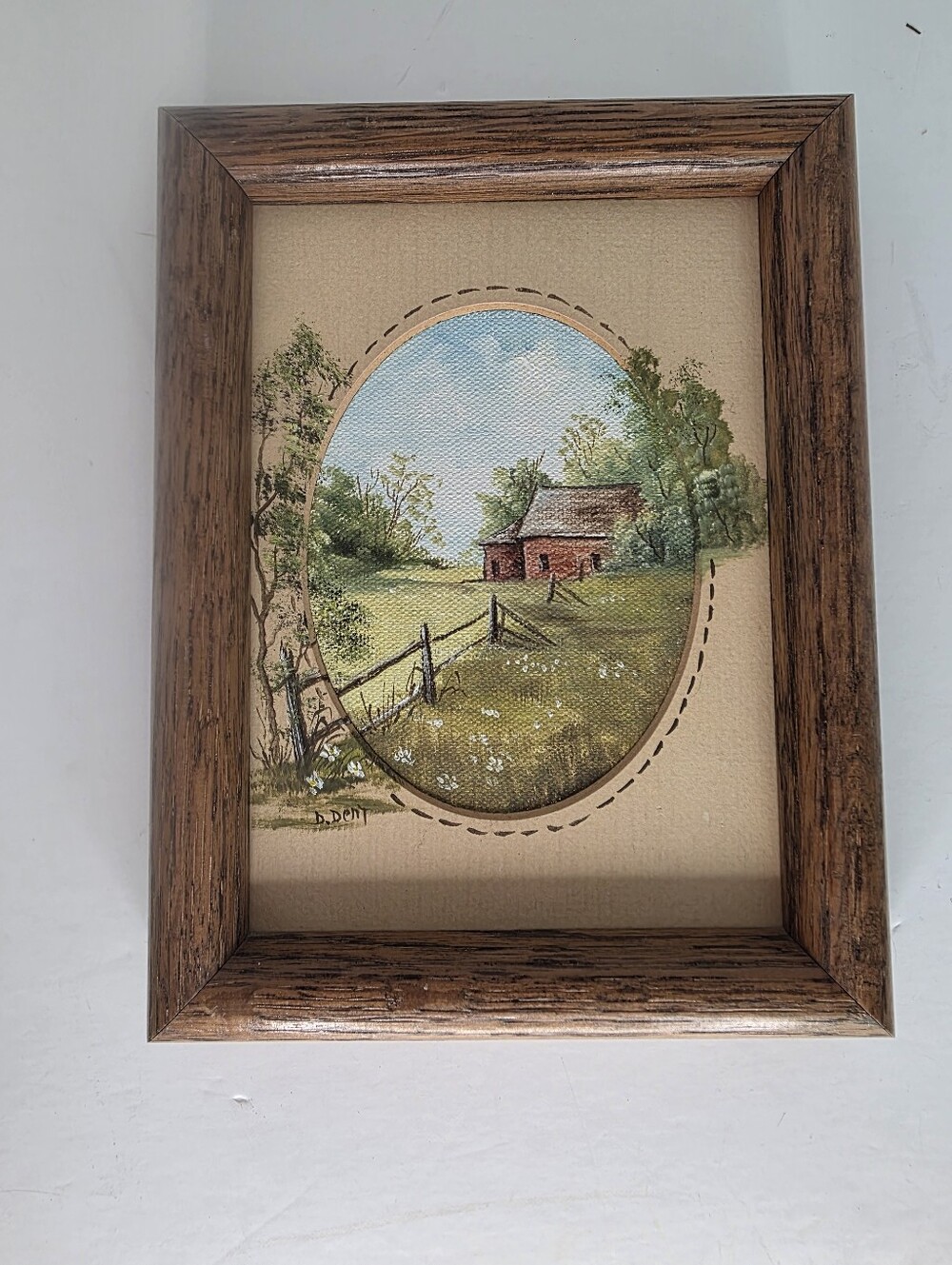 Handpainted Canvas with Oak Frame Artist Signed Landscape Barn "D. Dent"
